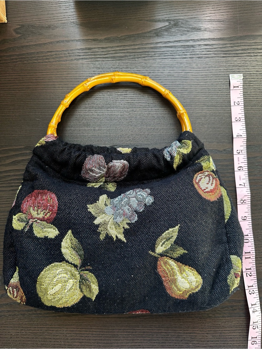 Fruit Tapestry Handbag Bamboo Handles Apples Grapes Cottagecore - Picture 6 of 6